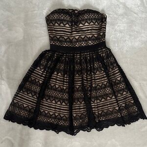 bebe Tan Beige with Black Lace Strapless Scalloped Bottom Mini Dress